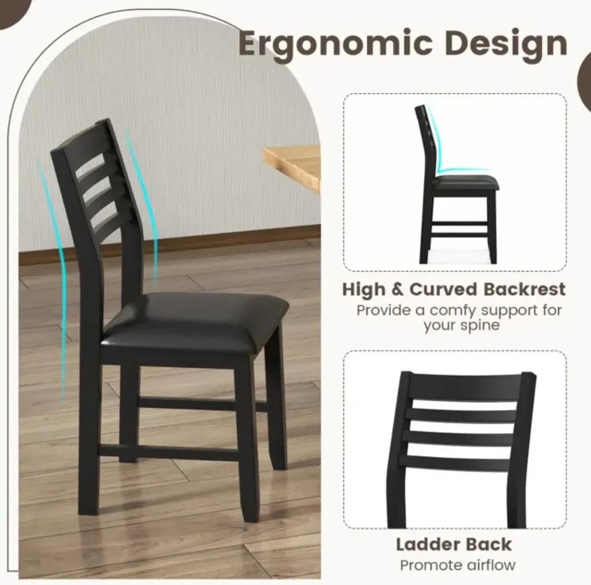 Hivvago Wooden Dining Chair Set of 2 with Rubber Wood Frame and Padded Cushion