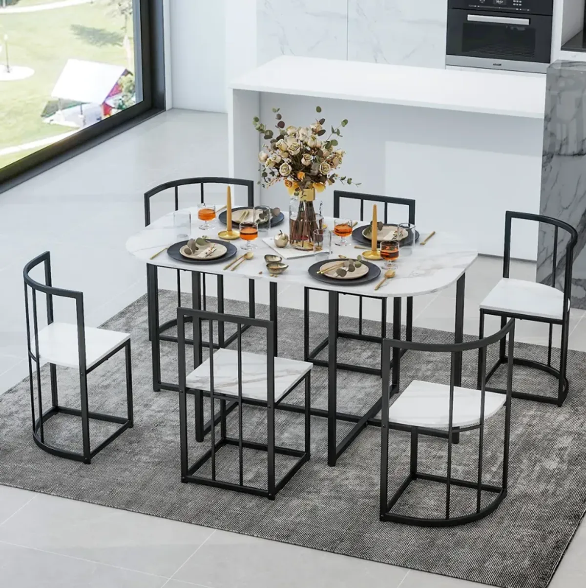 Streamdale 7-Piece Compact Marble Dining Set