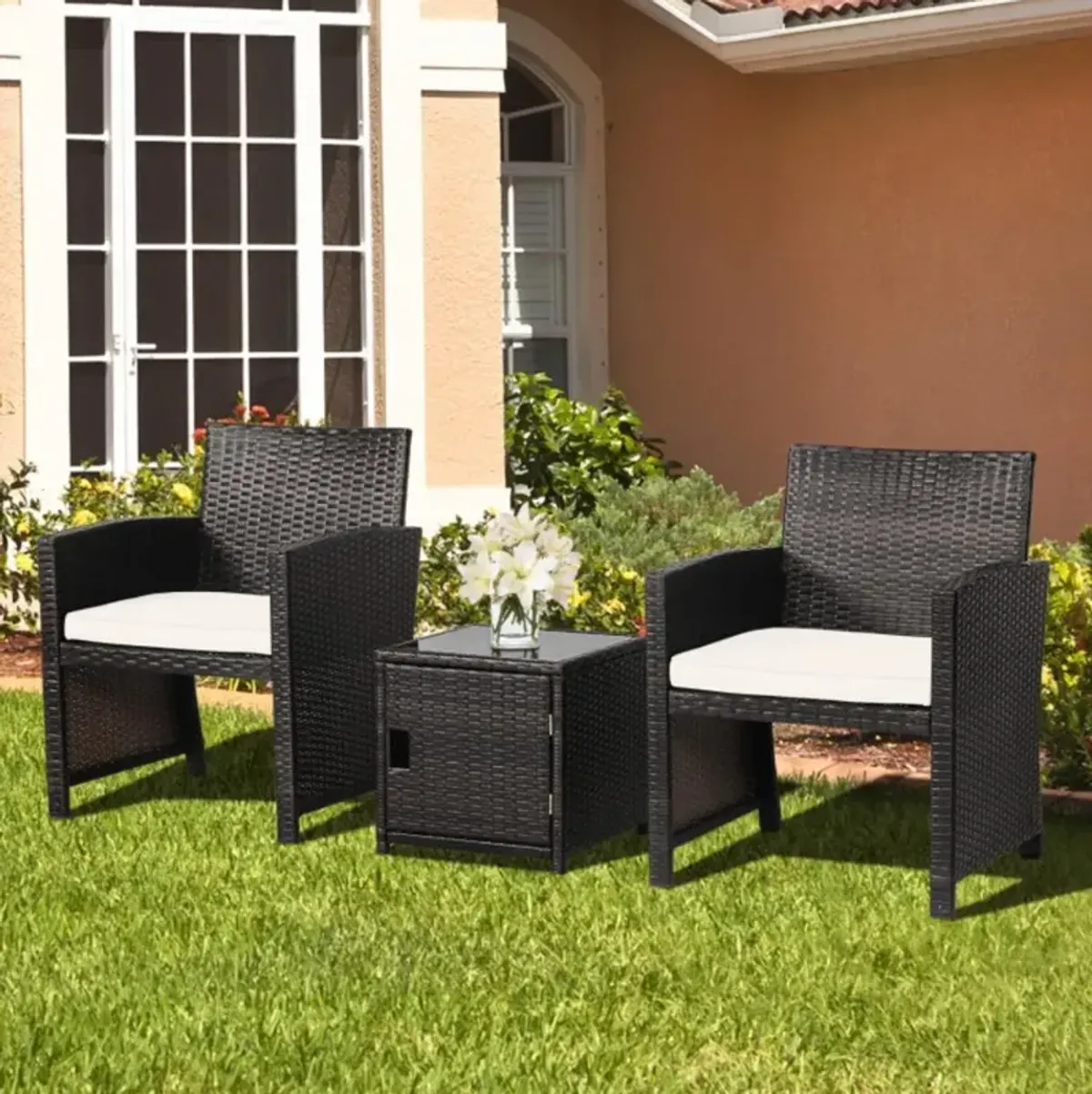 Hivvago 3 Pieces Patio Wicker Furniture Set with Storage Table and Protective Cover