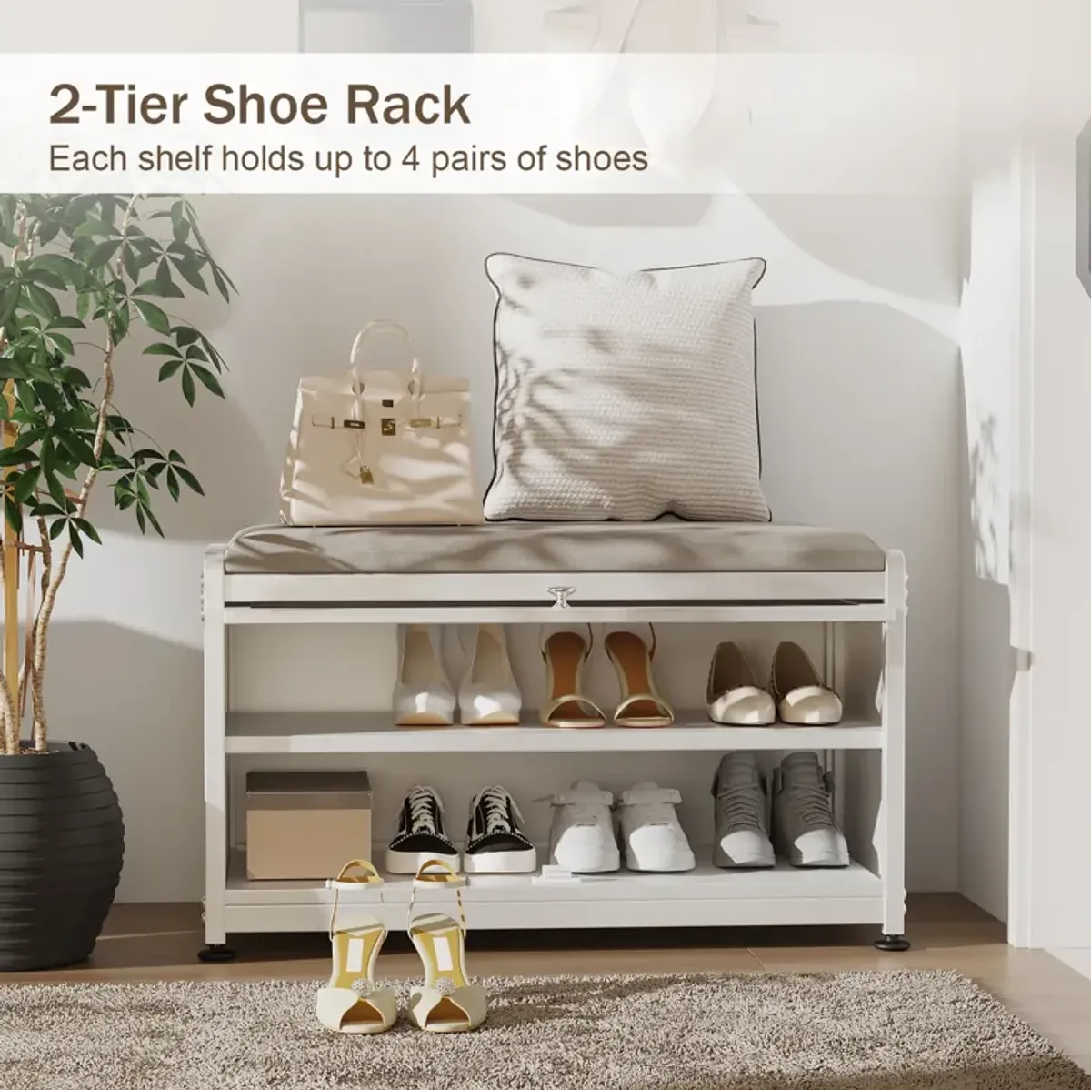 Mega Casa Shoe Storage Cabinet with 2 Tier Shoe Rack, Entryway Bench with Cushion, Metal