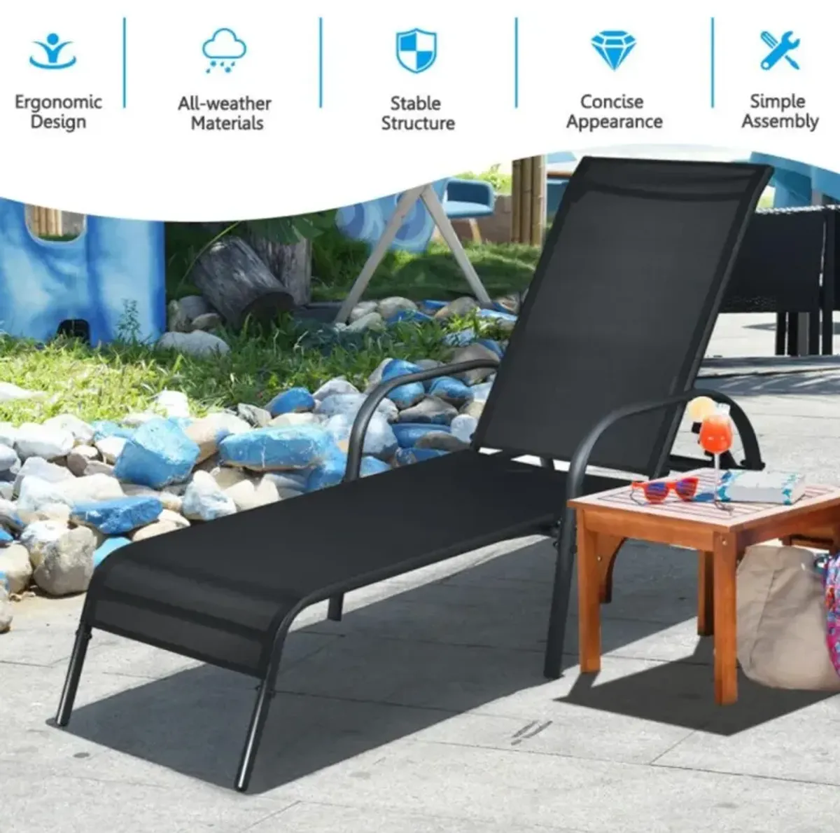 Hivvago Adjustable Patio Chaise Folding Lounge Chair with Backrest