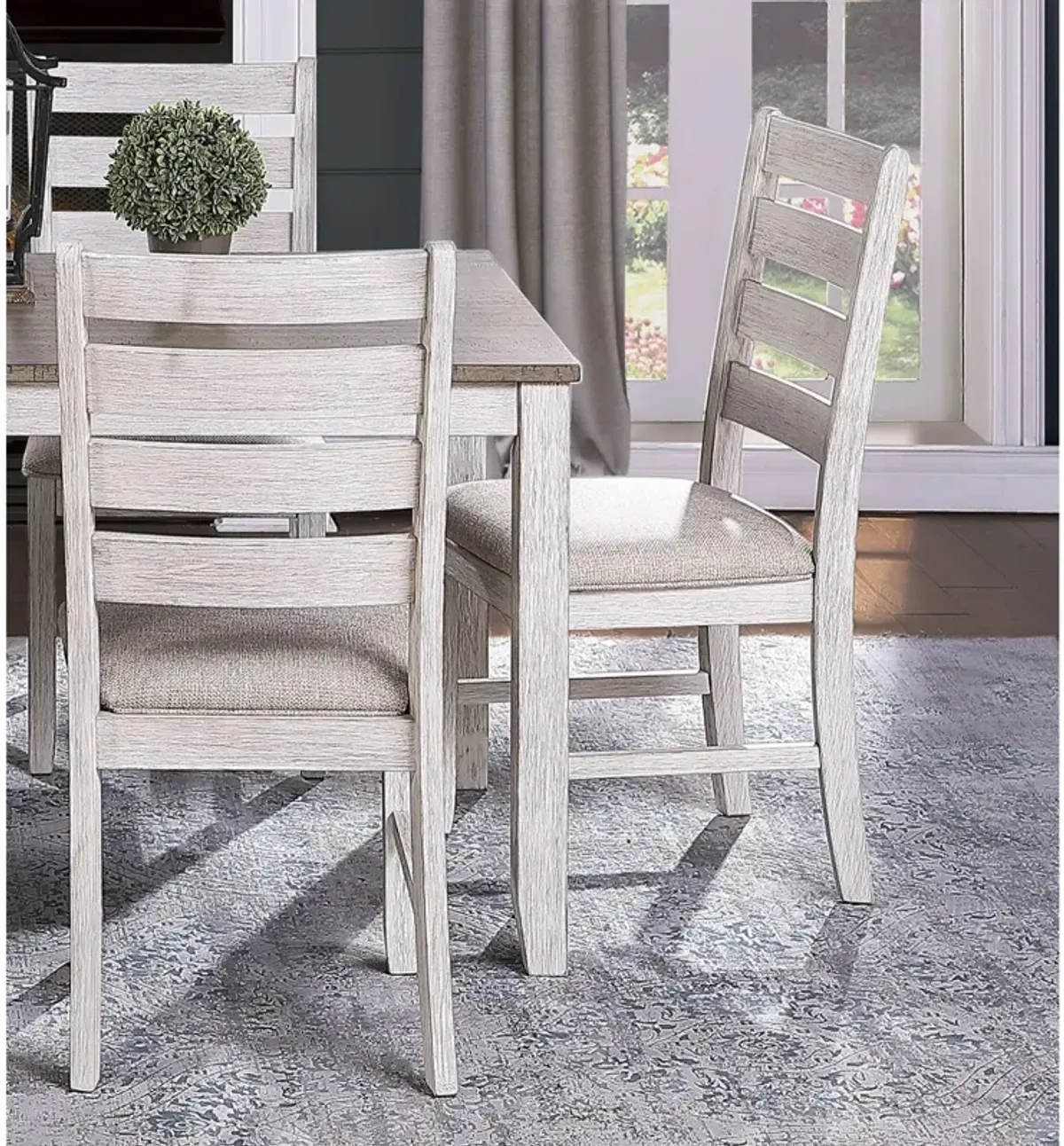 Grayish White and Brown Finish Casual Dining Room Furniture 5pc Dining Set Rectangular Wooden Table and 4x Side Chairs Fabric Upholstered Seat