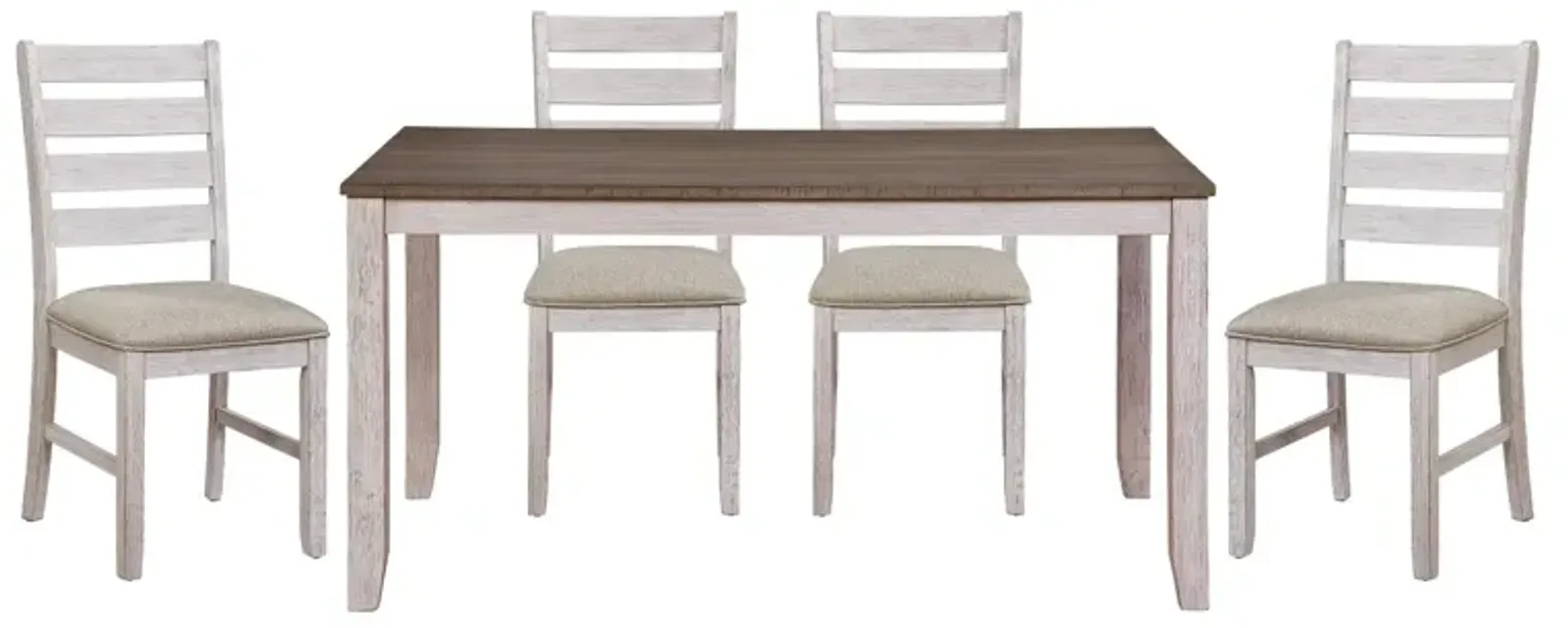 Grayish White and Brown Finish Casual Dining Room Furniture 5pc Dining Set Rectangular Wooden Table and 4x Side Chairs Fabric Upholstered Seat