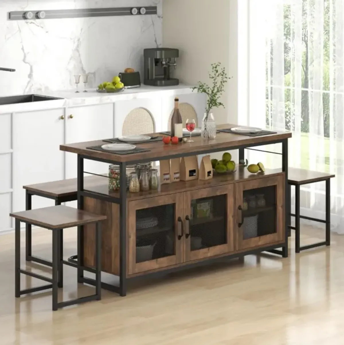 4 Piece Kitchen Island Set with Bench and Storage