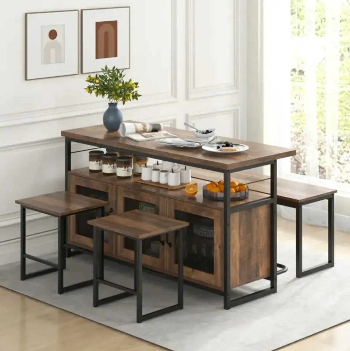 4 Piece Kitchen Island Set with Bench and Storage