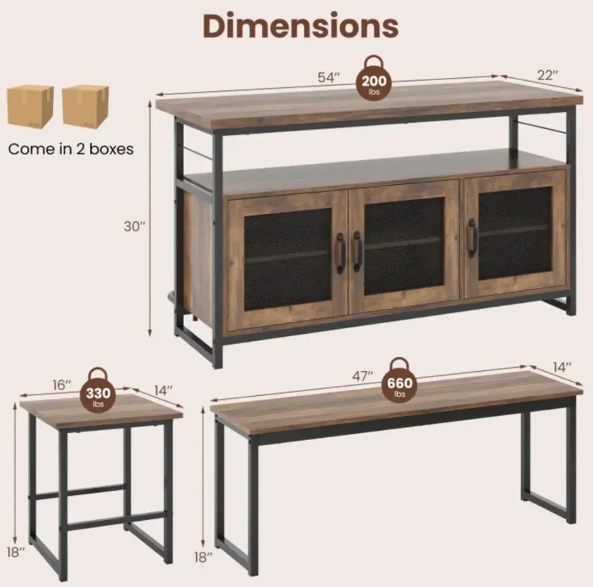 4 Piece Kitchen Island Set with Bench and Storage