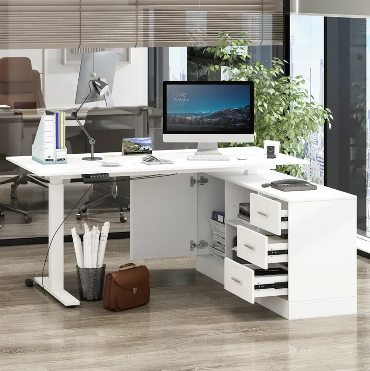 FUFU&GAGA 63-in White Modern/Contemporary L-shaped Desk Hutch Included  (63" W x 31.5" D x 29.1" H) ,White