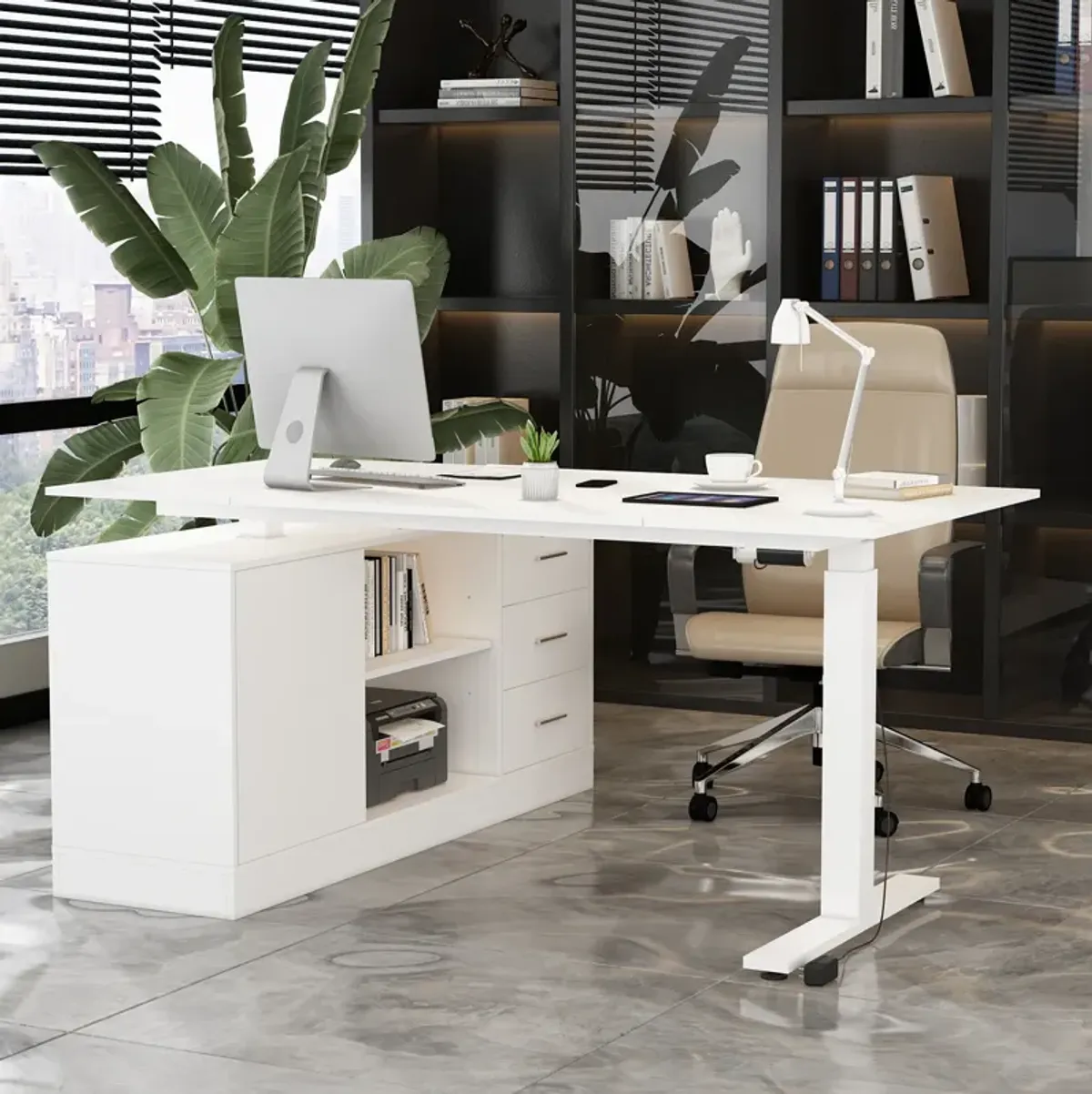 FUFU&GAGA 63-in White Modern/Contemporary L-shaped Desk Hutch Included  (63" W x 31.5" D x 29.1" H) ,White