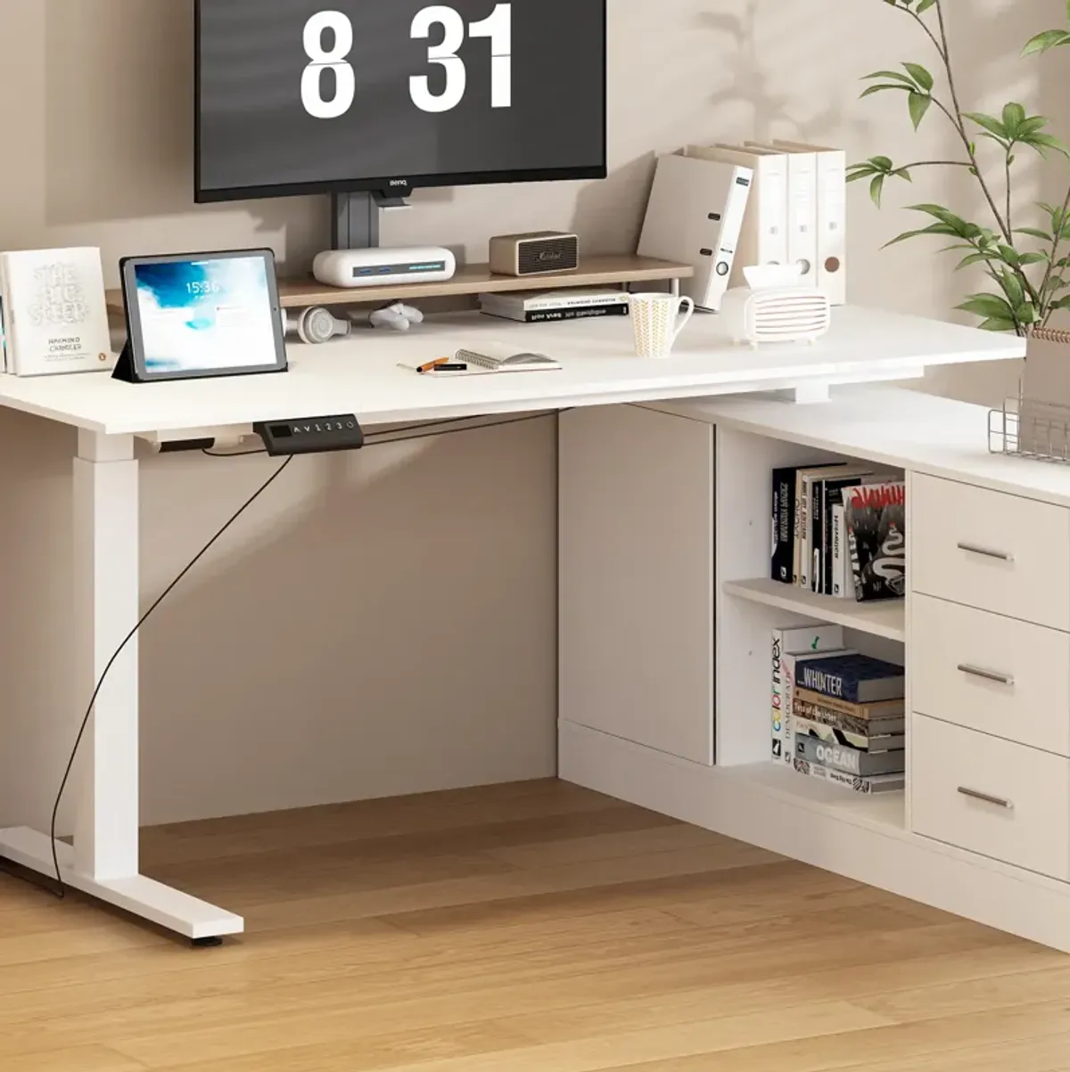 FUFU&GAGA 63-in White Modern/Contemporary L-shaped Desk Hutch Included  (63" W x 31.5" D x 29.1" H) ,White