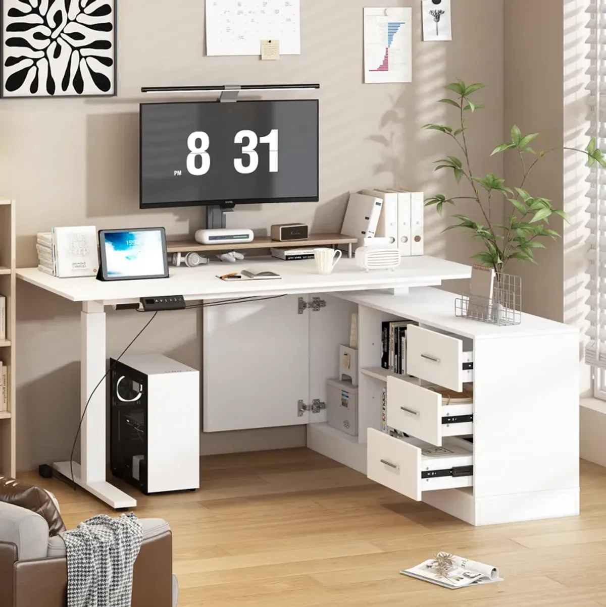 FUFU&GAGA 63-in White Modern/Contemporary L-shaped Desk Hutch Included  (63" W x 31.5" D x 29.1" H) ,White