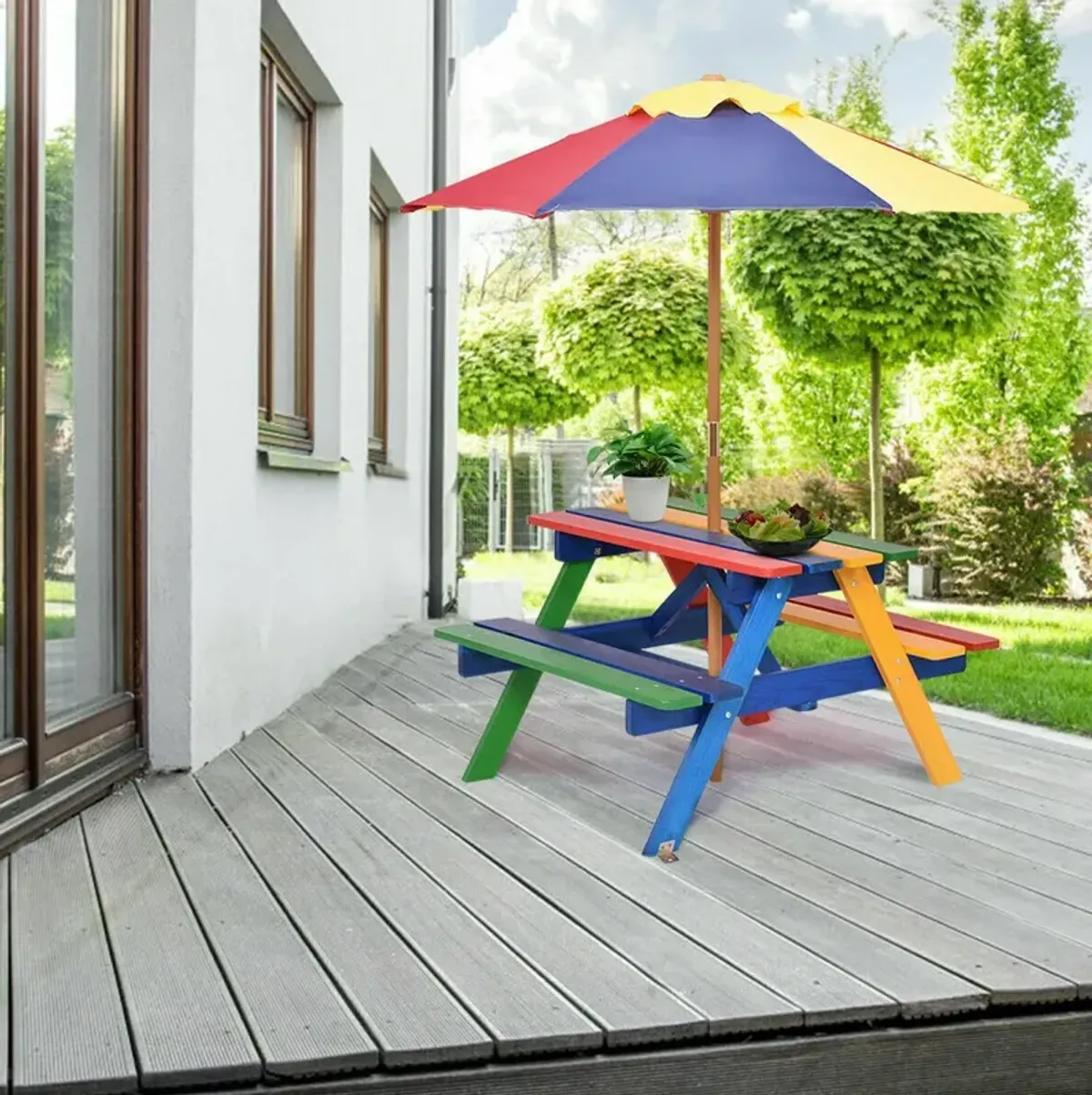 Outdoor 4-Seat Kid's Picnic Table Bench with Umbrella