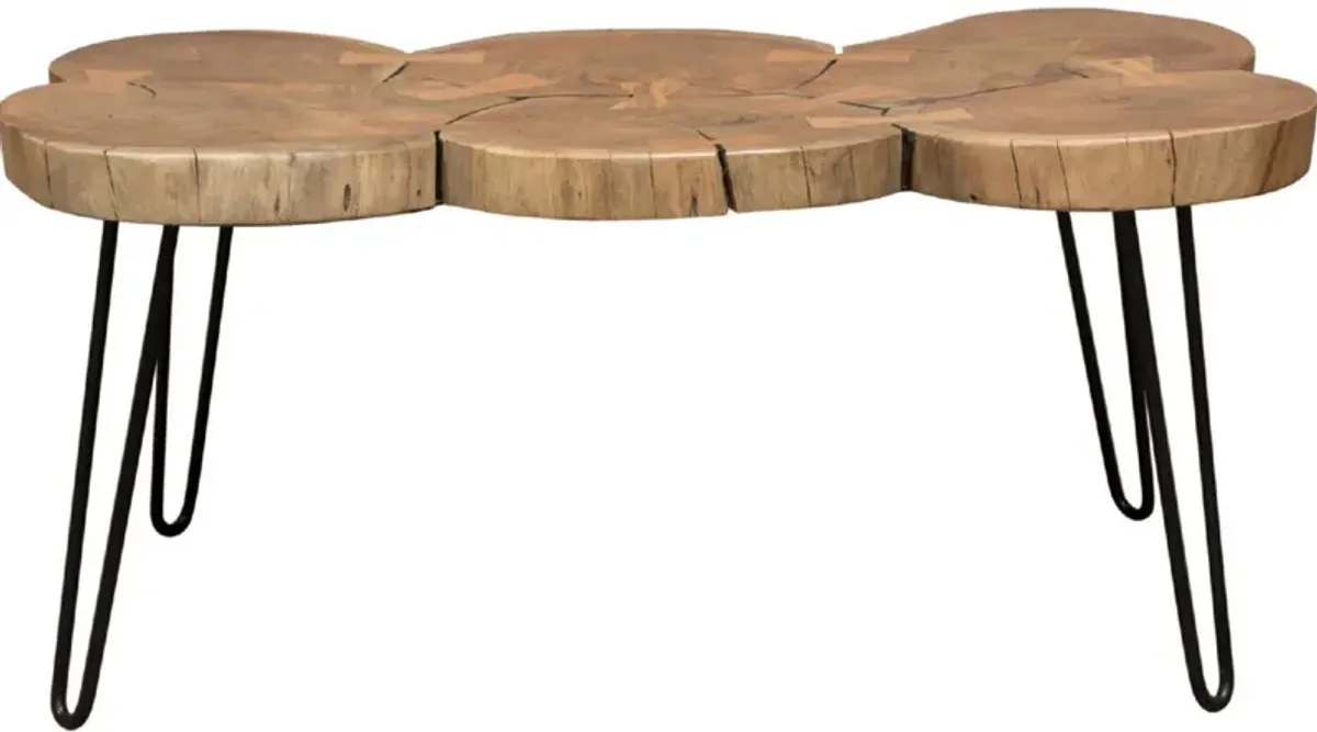 39 Inch Rectangular Coffee Table, Live Edge Wood Top, Metal Legs, Brown - Benzara