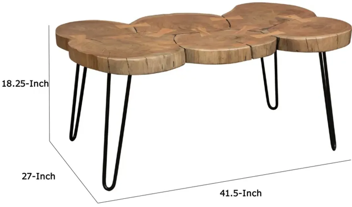 39 Inch Rectangular Coffee Table, Live Edge Wood Top, Metal Legs, Brown - Benzara