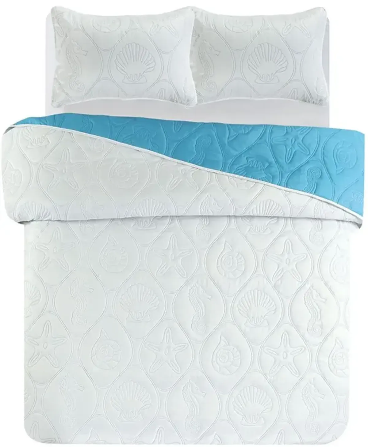 Legacy Decor 3 PCS Shell & Seahorse Stitched Pinsonic Reversible Lightweight All Season Bedspread Quilt Coverlet Oversize, Turquoise Color, Queen Size