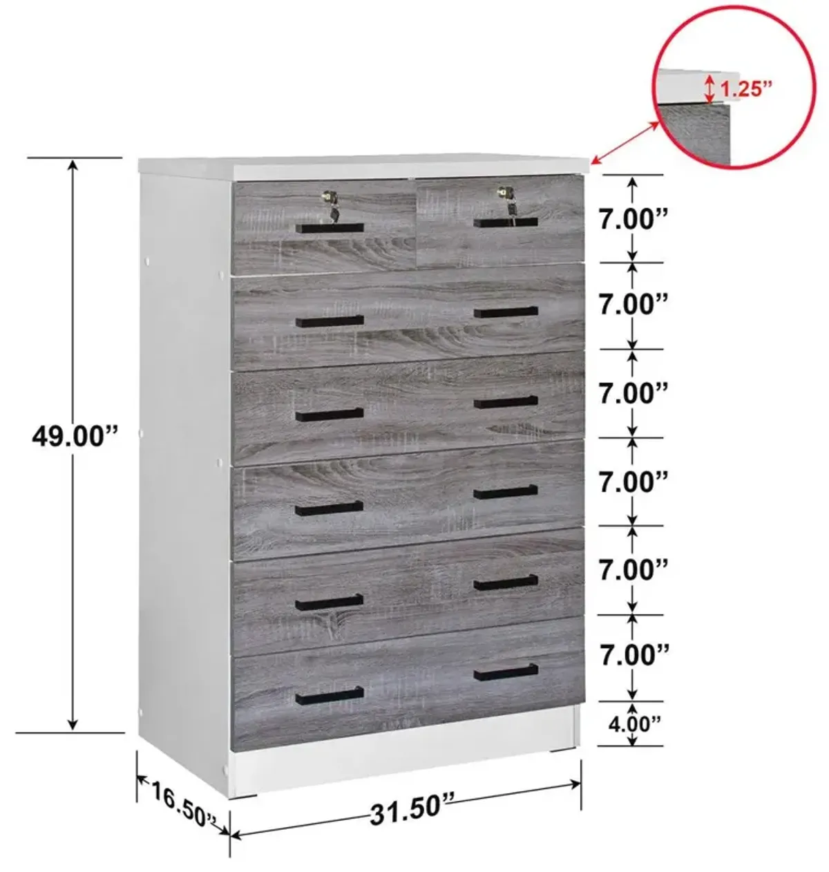 Better Home Products Cindy 7 Drawer Chest Wooden Dresser in Gray & White