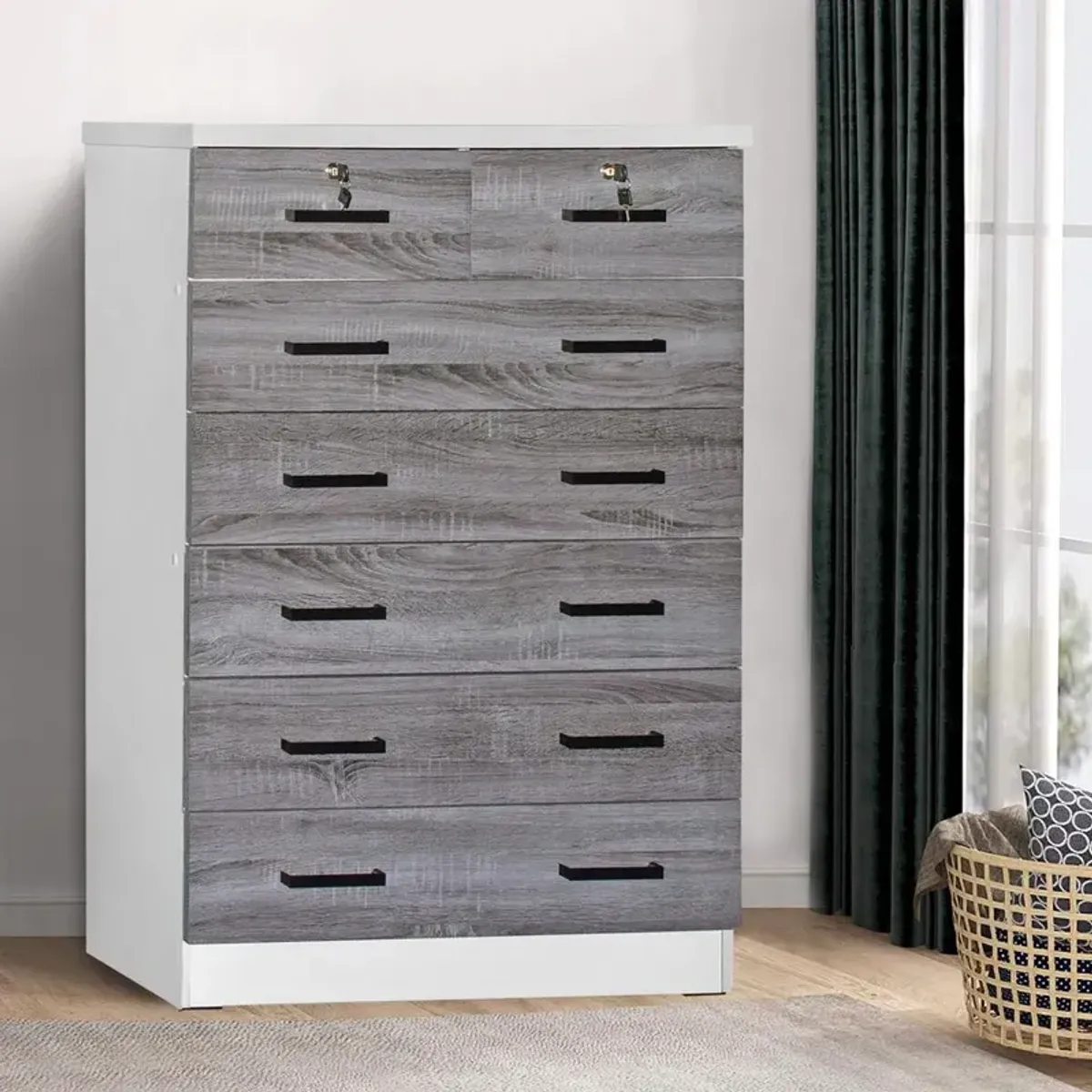 Better Home Products Cindy 7 Drawer Chest Wooden Dresser in Gray & White