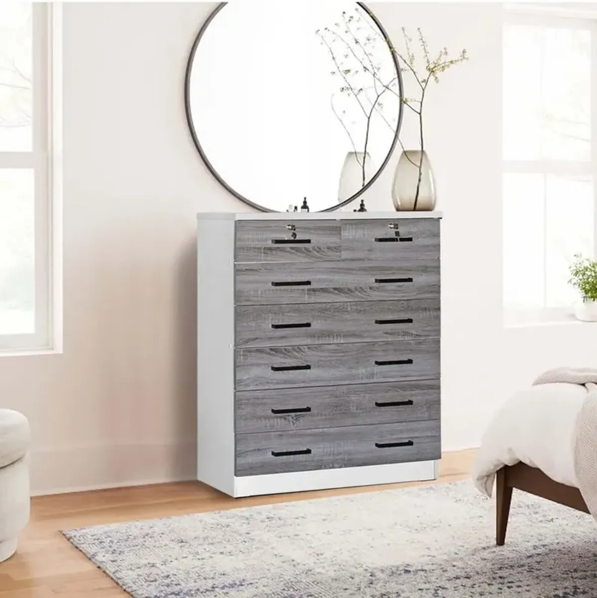 Better Home Products Cindy 7 Drawer Chest Wooden Dresser in Gray & White