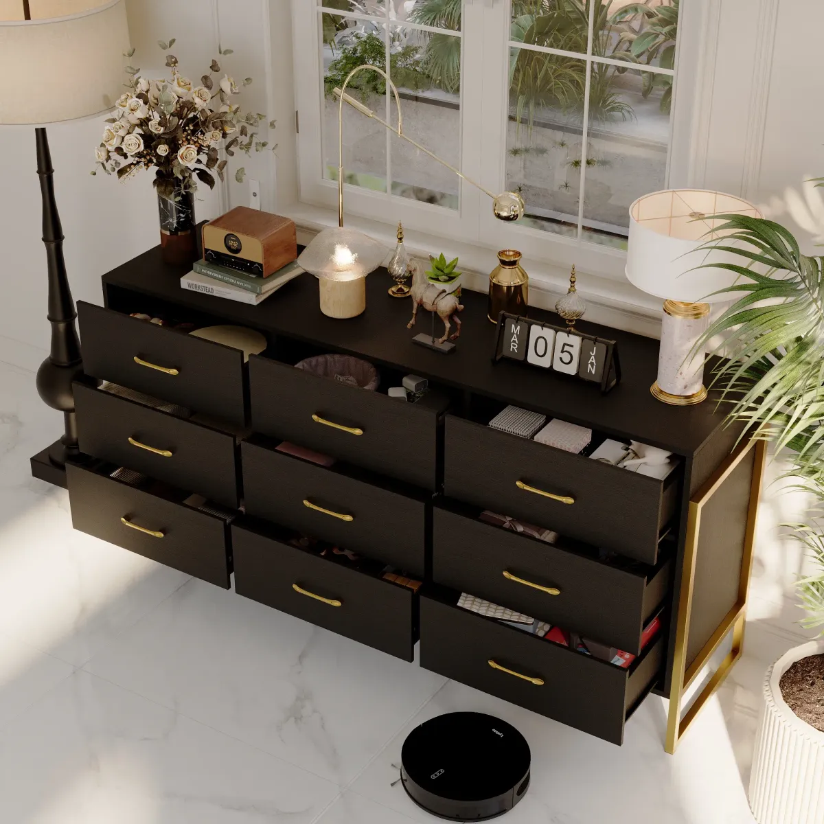 9-Drawer Dresser - Sleek Black & Gold, Premium Quality Chest