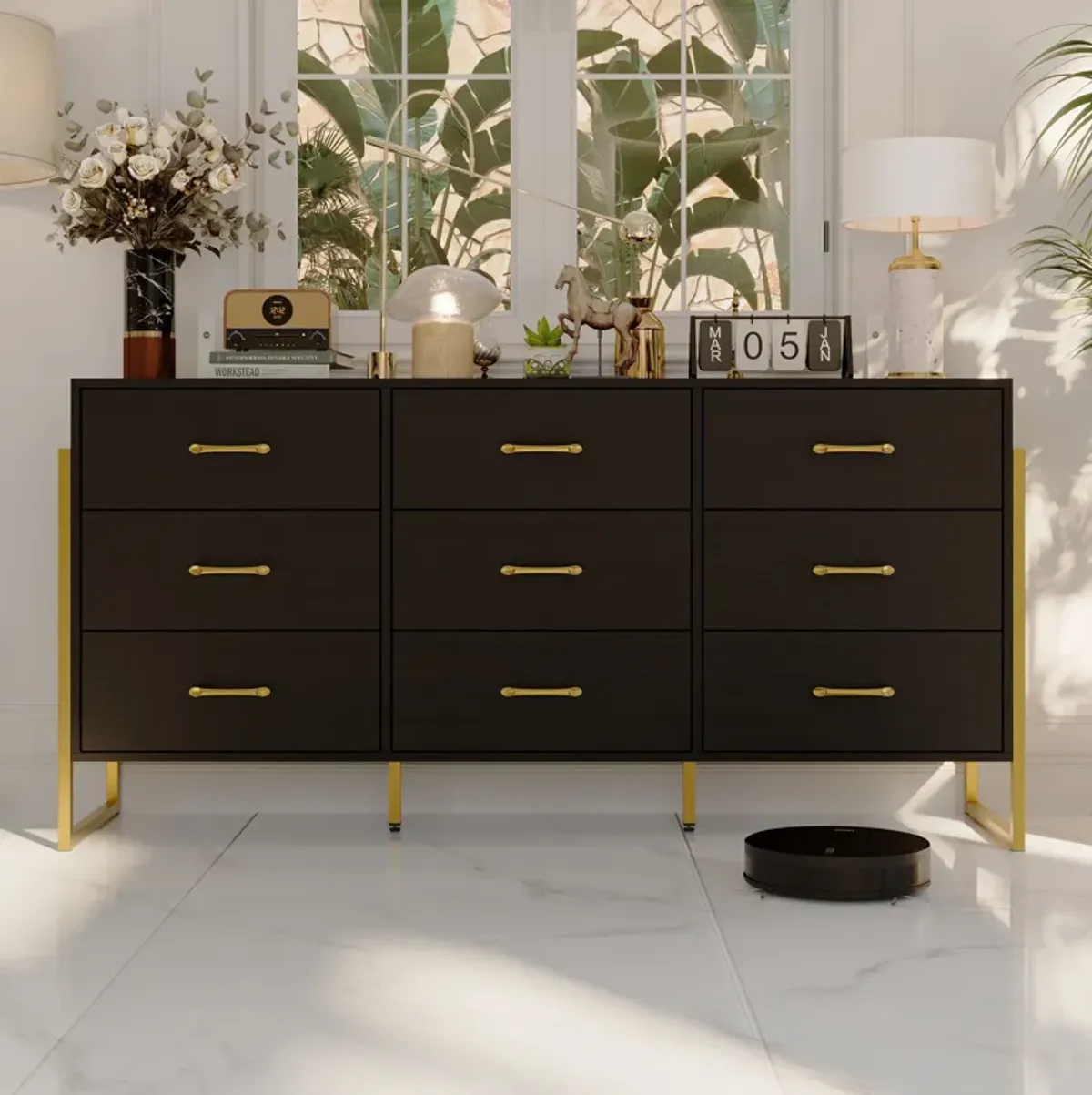 9-Drawer Dresser - Sleek Black & Gold, Premium Quality Chest