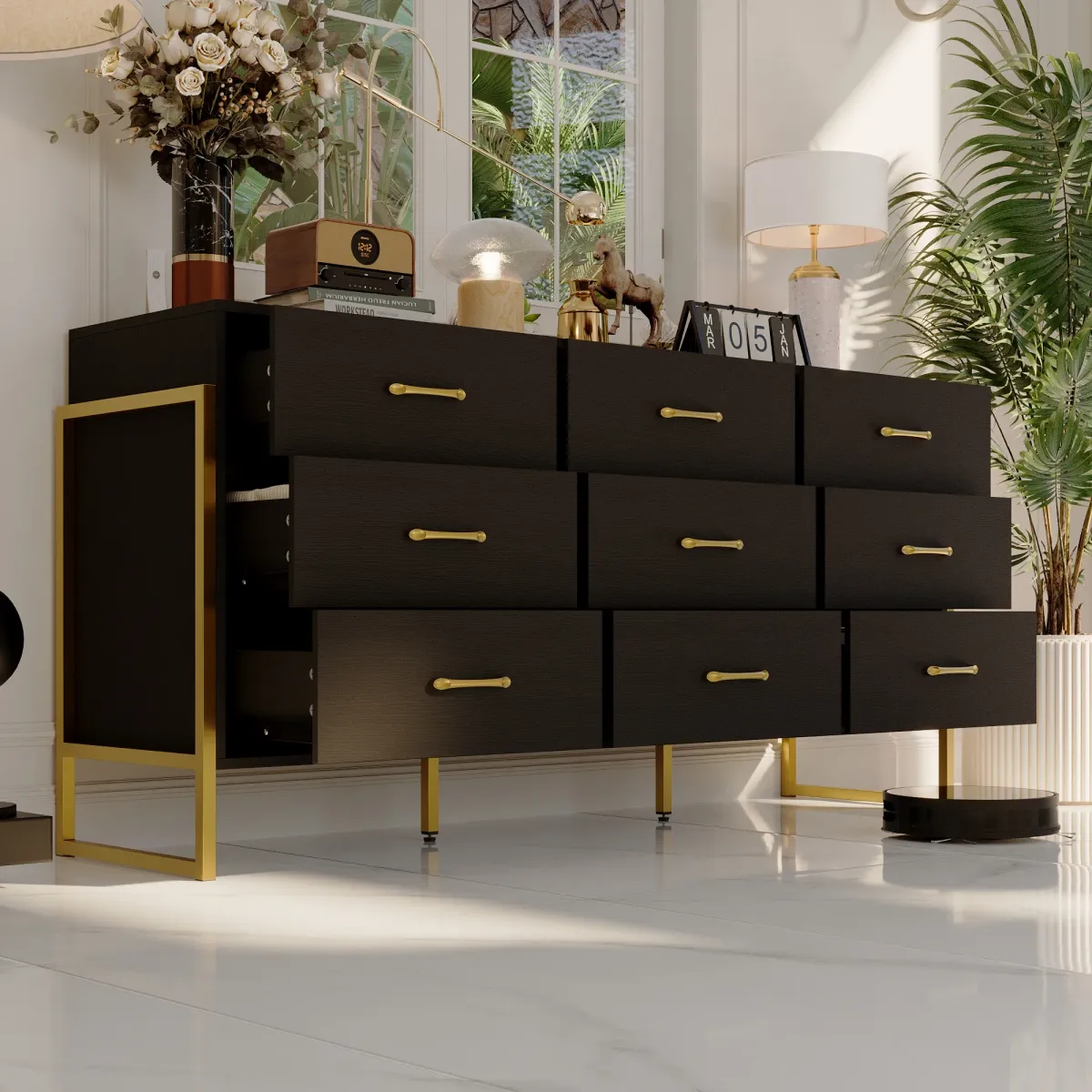 9-Drawer Dresser - Sleek Black & Gold, Premium Quality Chest