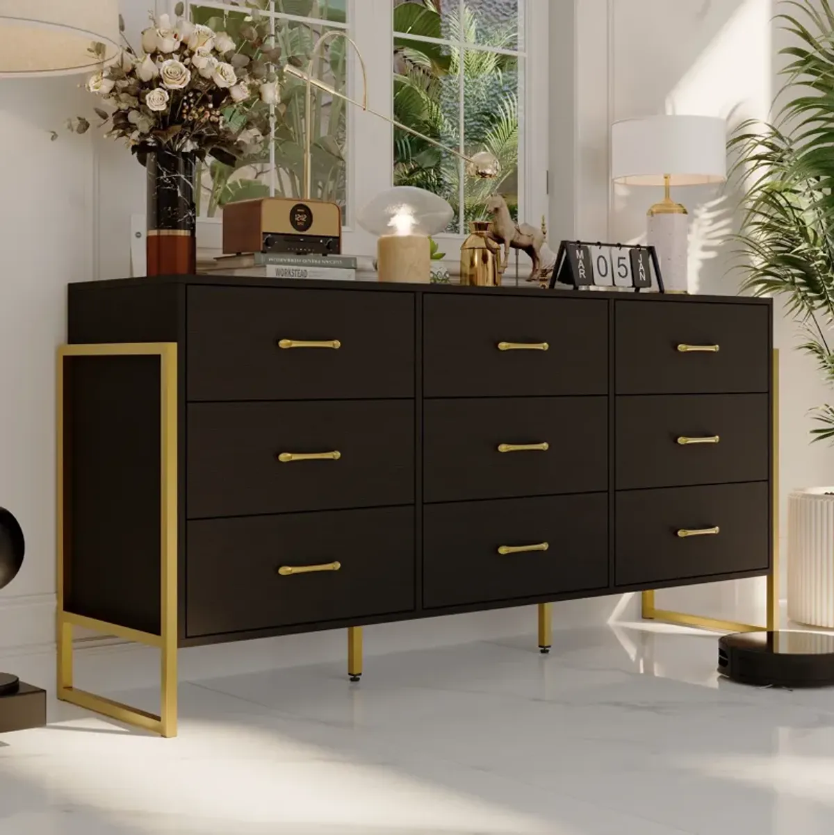 9-Drawer Dresser - Sleek Black & Gold, Premium Quality Chest