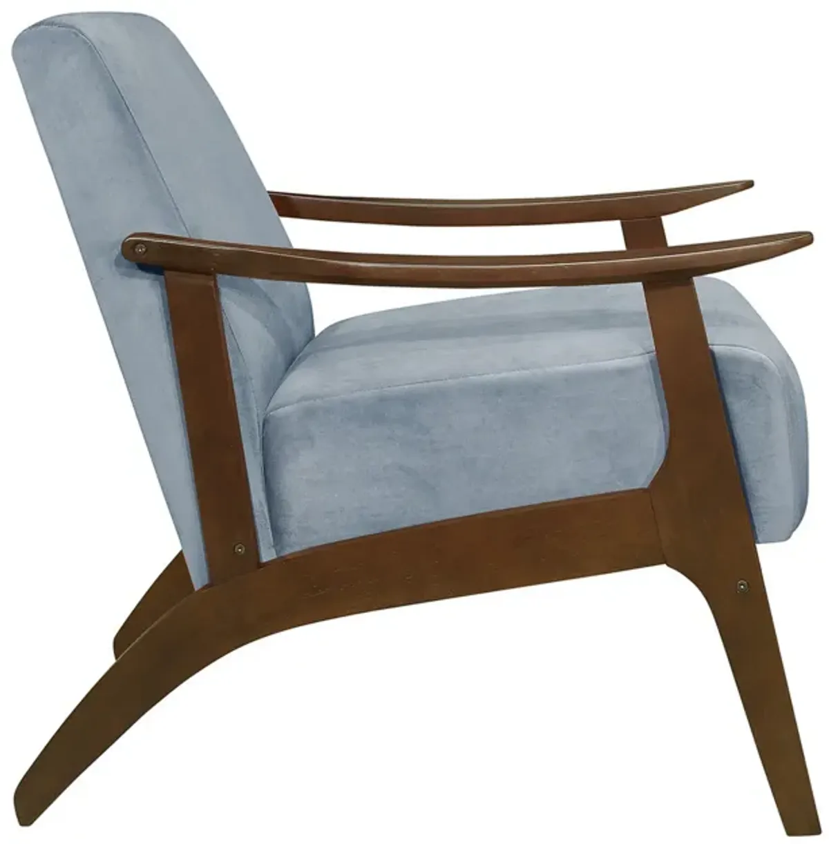 Rica 32 Inch Accent Armchair, Curved, Soft Blue Velvet, Brown Solid Wood - Benzara