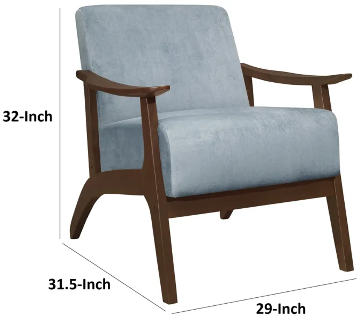 Rica 32 Inch Accent Armchair, Curved, Soft Blue Velvet, Brown Solid Wood - Benzara