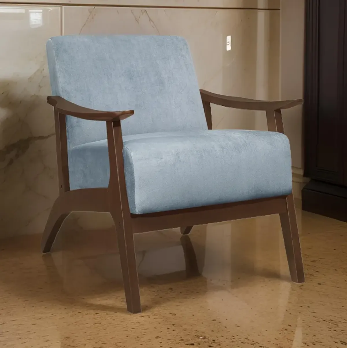 Rica 32 Inch Accent Armchair, Curved, Soft Blue Velvet, Brown Solid Wood - Benzara