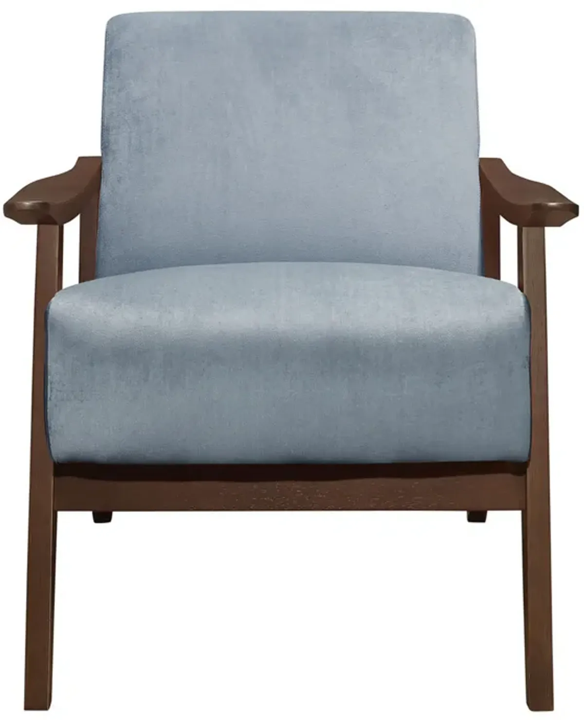 Rica 32 Inch Accent Armchair, Curved, Soft Blue Velvet, Brown Solid Wood - Benzara