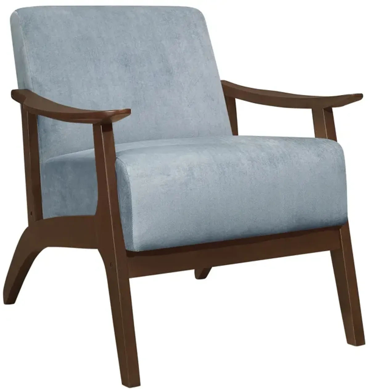 Rica 32 Inch Accent Armchair, Curved, Soft Blue Velvet, Brown Solid Wood - Benzara