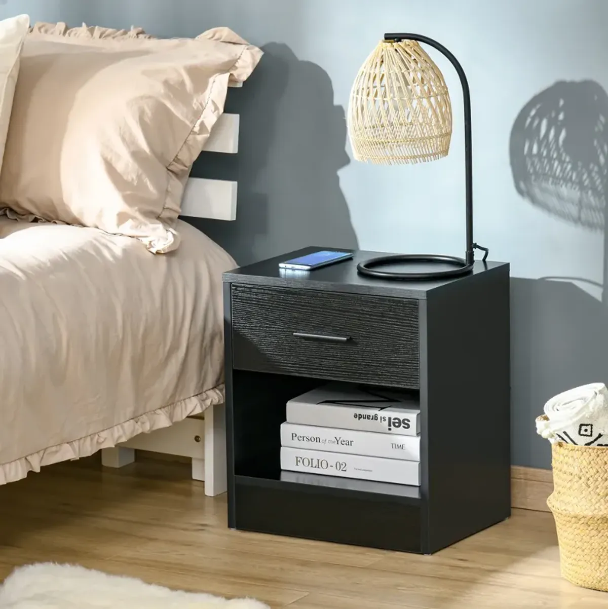 HOMCOM Side Table, Small End Table with Storage Shelf and Drawer, Modern Bedside Table for Bedroom or Living Room, Black Wood Grain