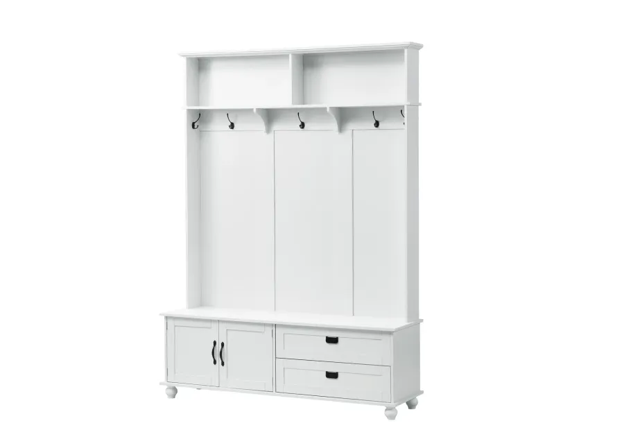 Modern Style Hall Tree with Storage Cabinet and 2 Large Drawers, Widen Mudroom Bench with 5 Coat Hooks, White