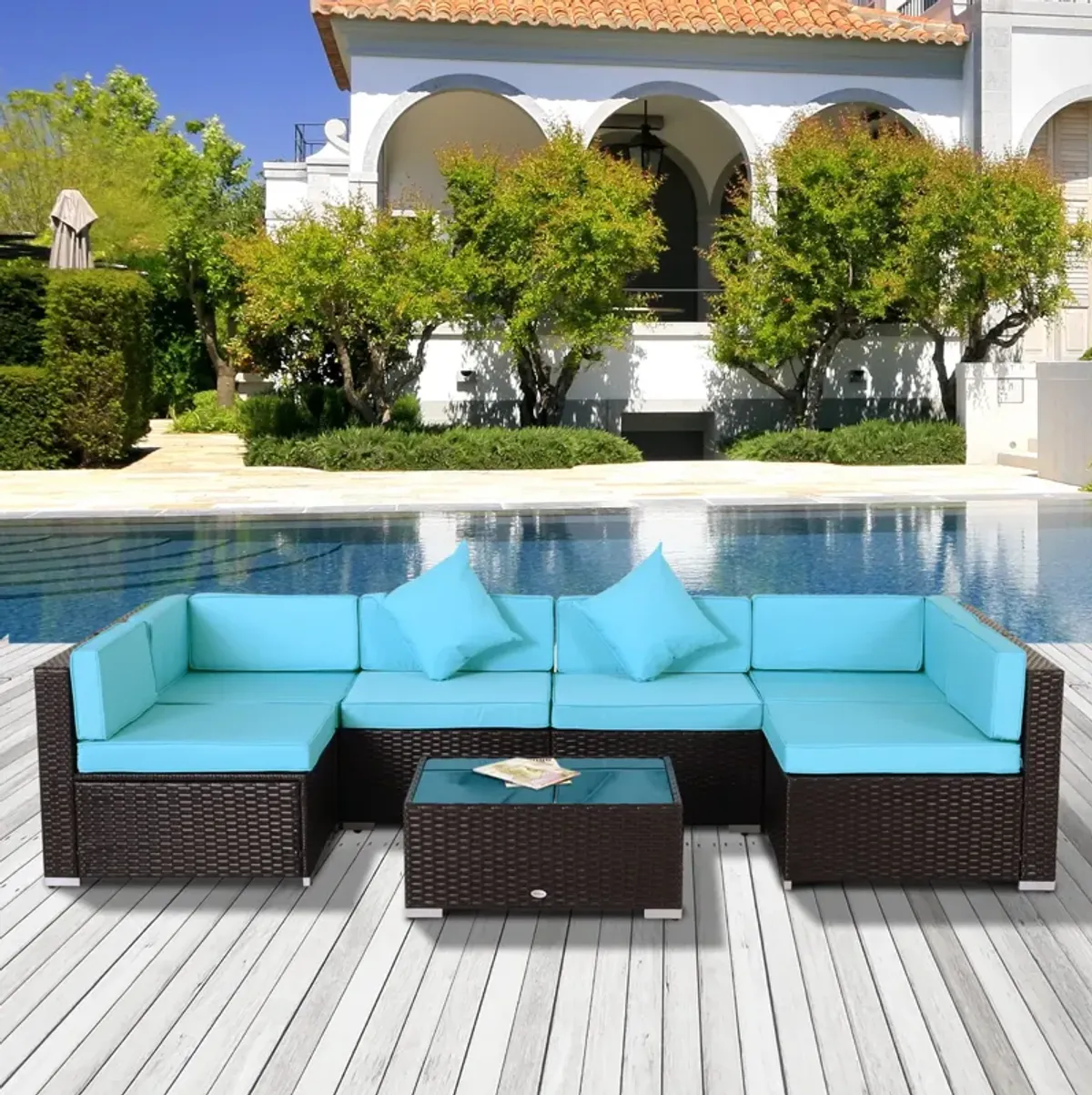 Turquoise Terrace Set: 7-Piece Wicker Patio Set with Glass Table