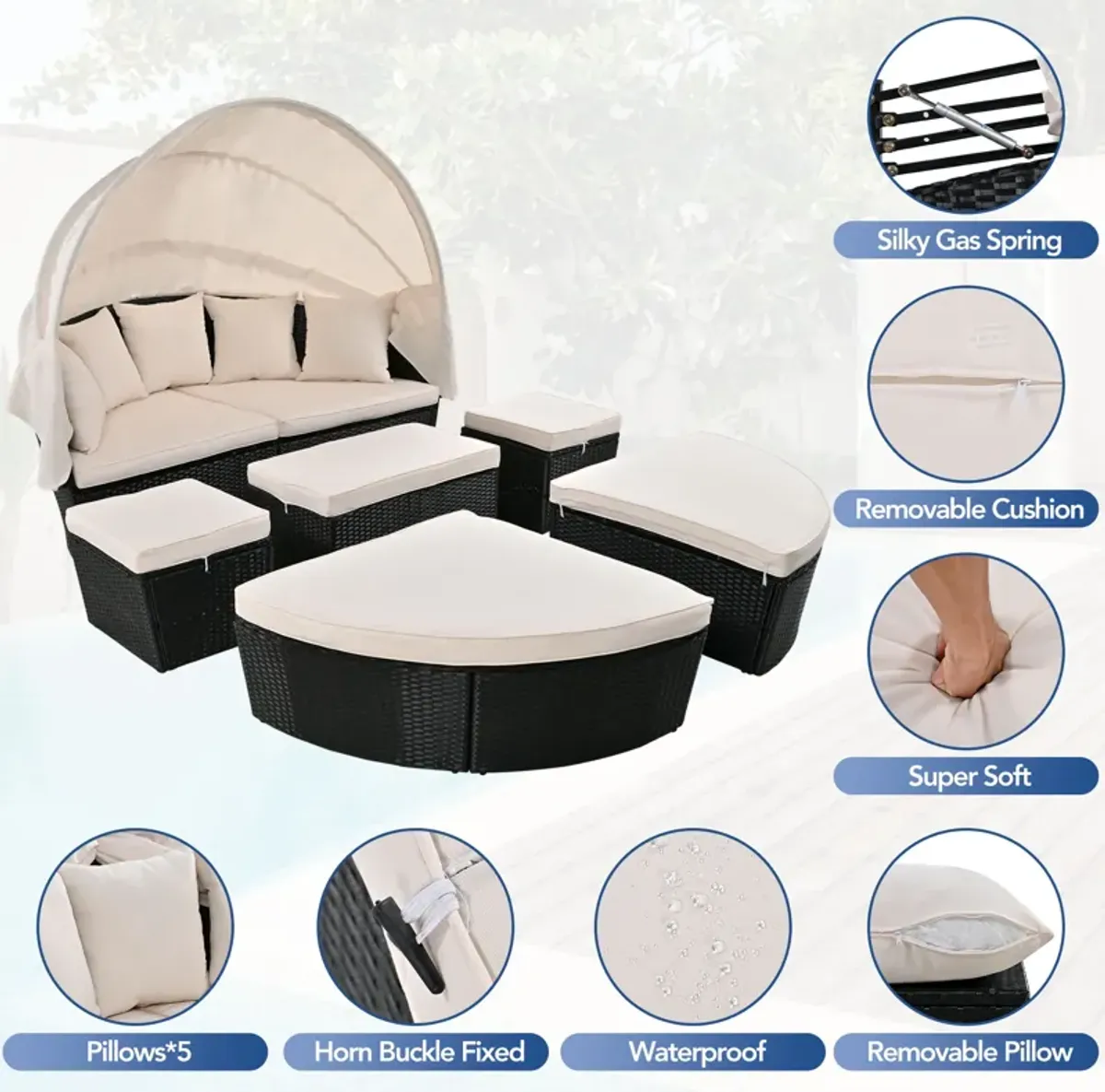 Merax Outdoor rattan daybed sunbed with retractable canopy