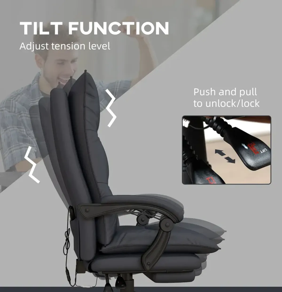 Gray Heated Massage Office Chair: 6 Vibration Points, Footrest