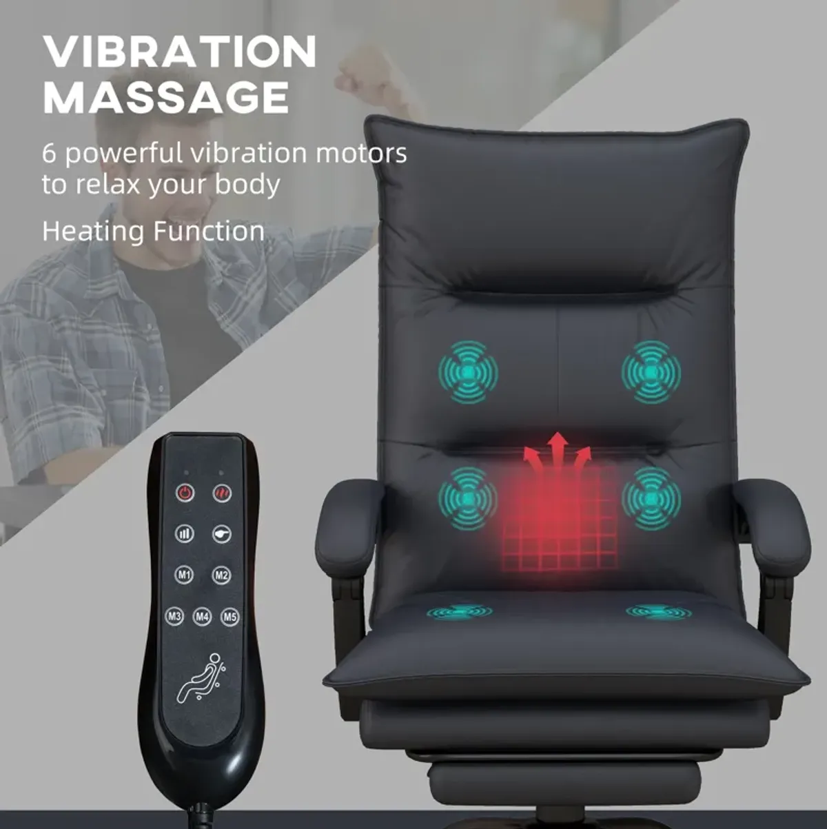 Gray Heated Massage Office Chair: 6 Vibration Points, Footrest