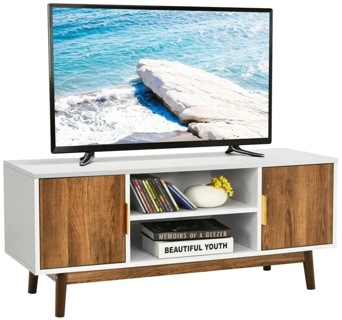 2 Door TV Stand with 2 Cabinets and Open Shelves for TVs up to 50 Inch TV