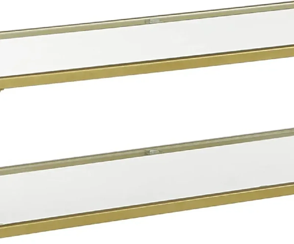 Kin 39 Inch Sofa Console Table, Metal Frame, Tempered Glass Shelves, Gold-Benzara