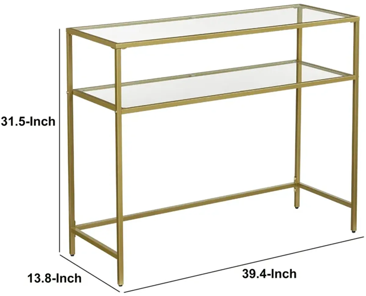 Kin 39 Inch Sofa Console Table, Metal Frame, Tempered Glass Shelves, Gold-Benzara