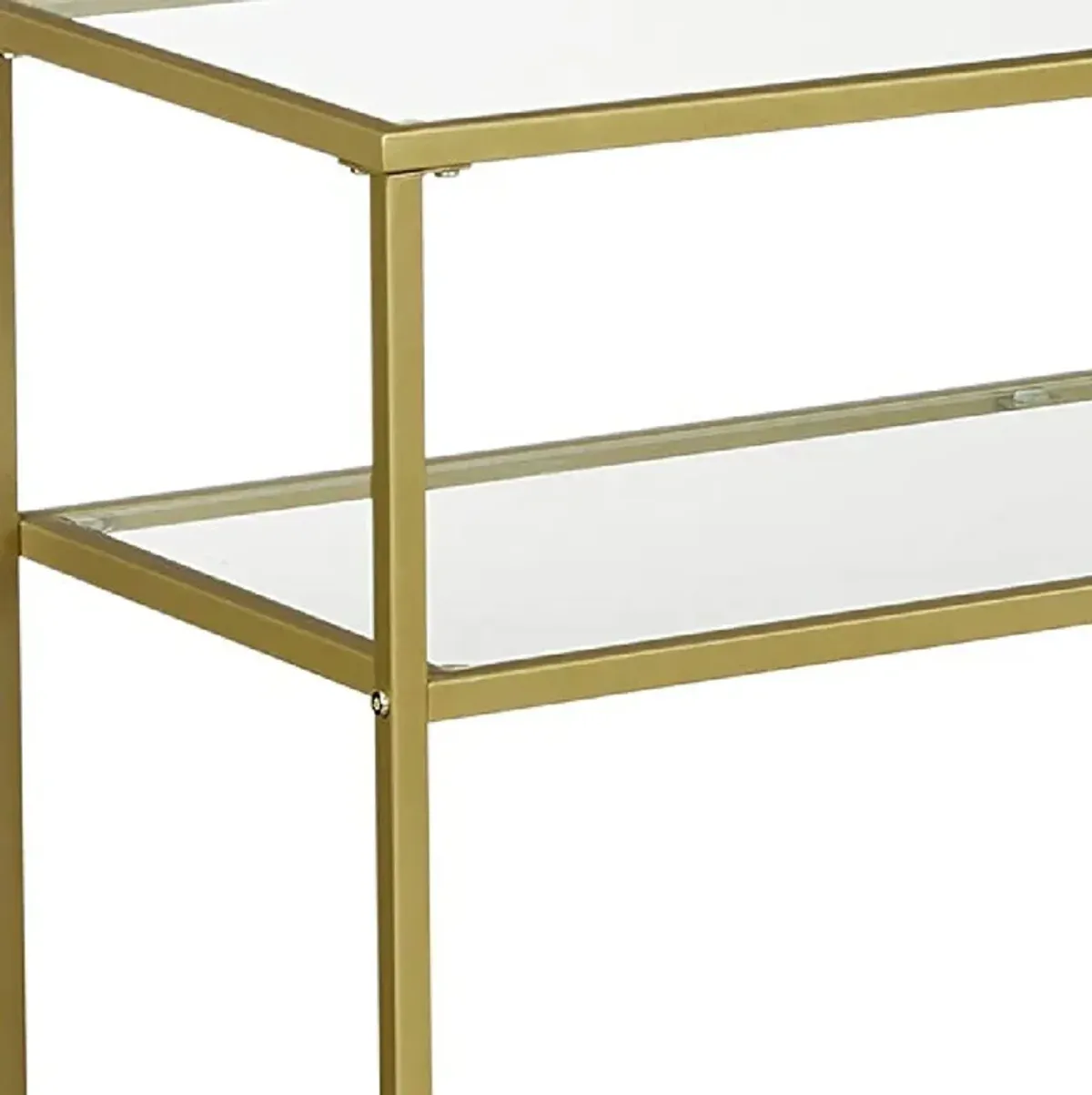 Kin 39 Inch Sofa Console Table, Metal Frame, Tempered Glass Shelves, Gold-Benzara