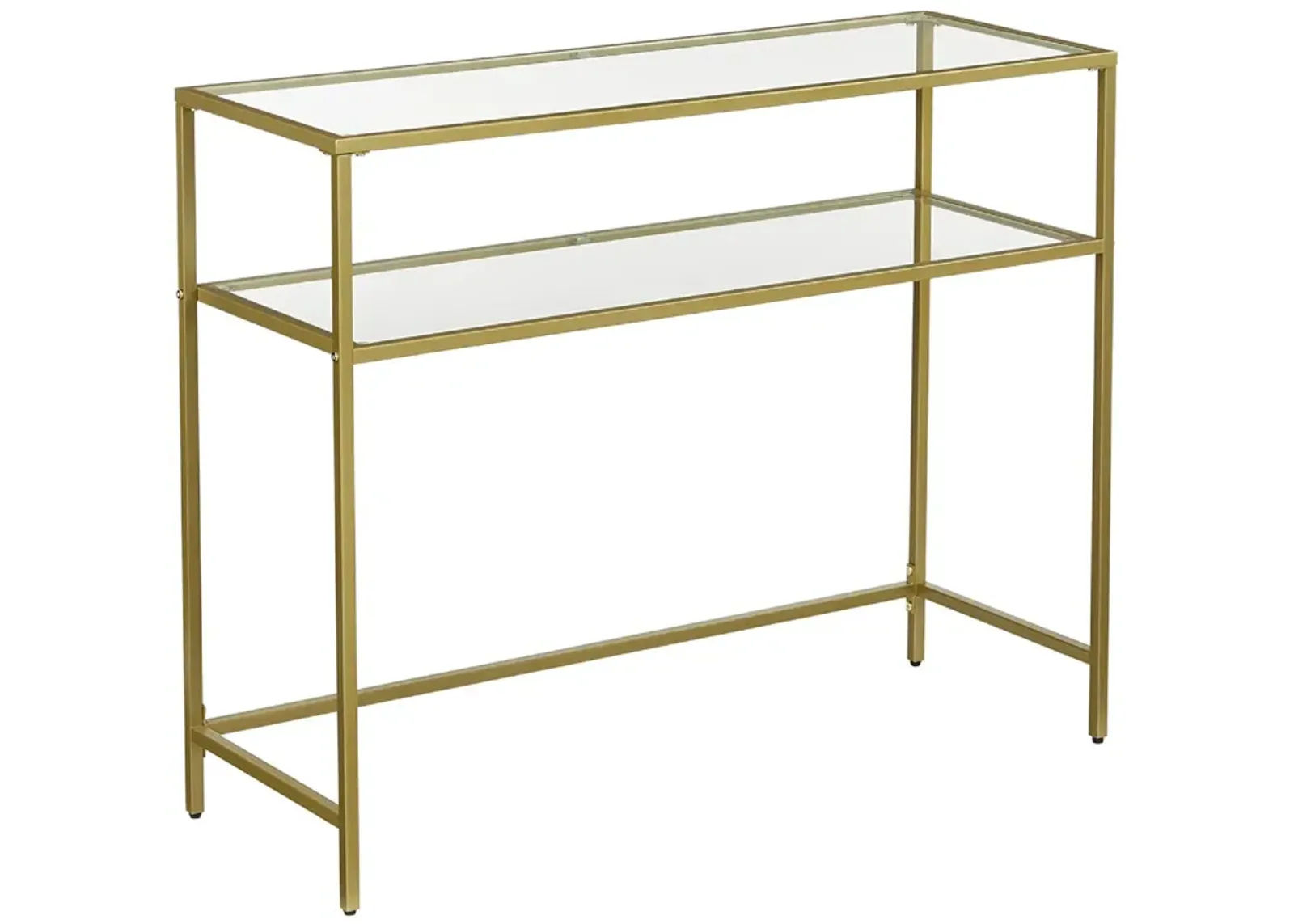 Kin 39 Inch Sofa Console Table, Metal Frame, Tempered Glass Shelves, Gold-Benzara