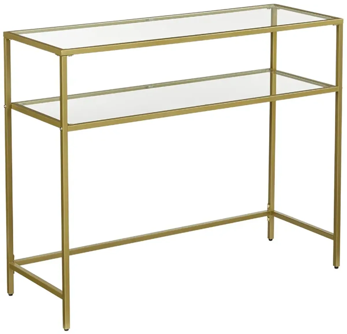 Kin 39 Inch Sofa Console Table, Metal Frame, Tempered Glass Shelves, Gold-Benzara