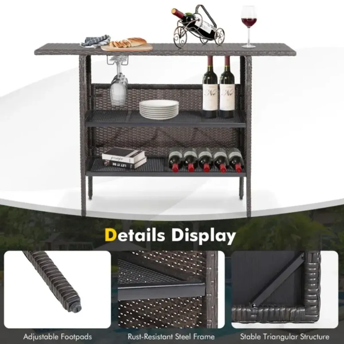 Hivvago Outdoor Wicker Bar Table with 2 Metal Mesh Shelves