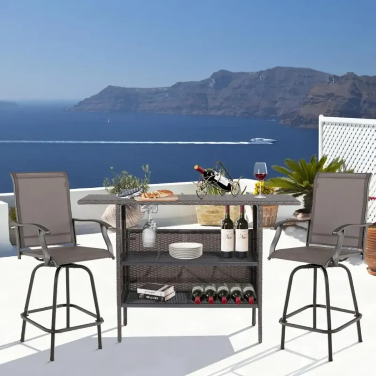 Hivvago Outdoor Wicker Bar Table with 2 Metal Mesh Shelves