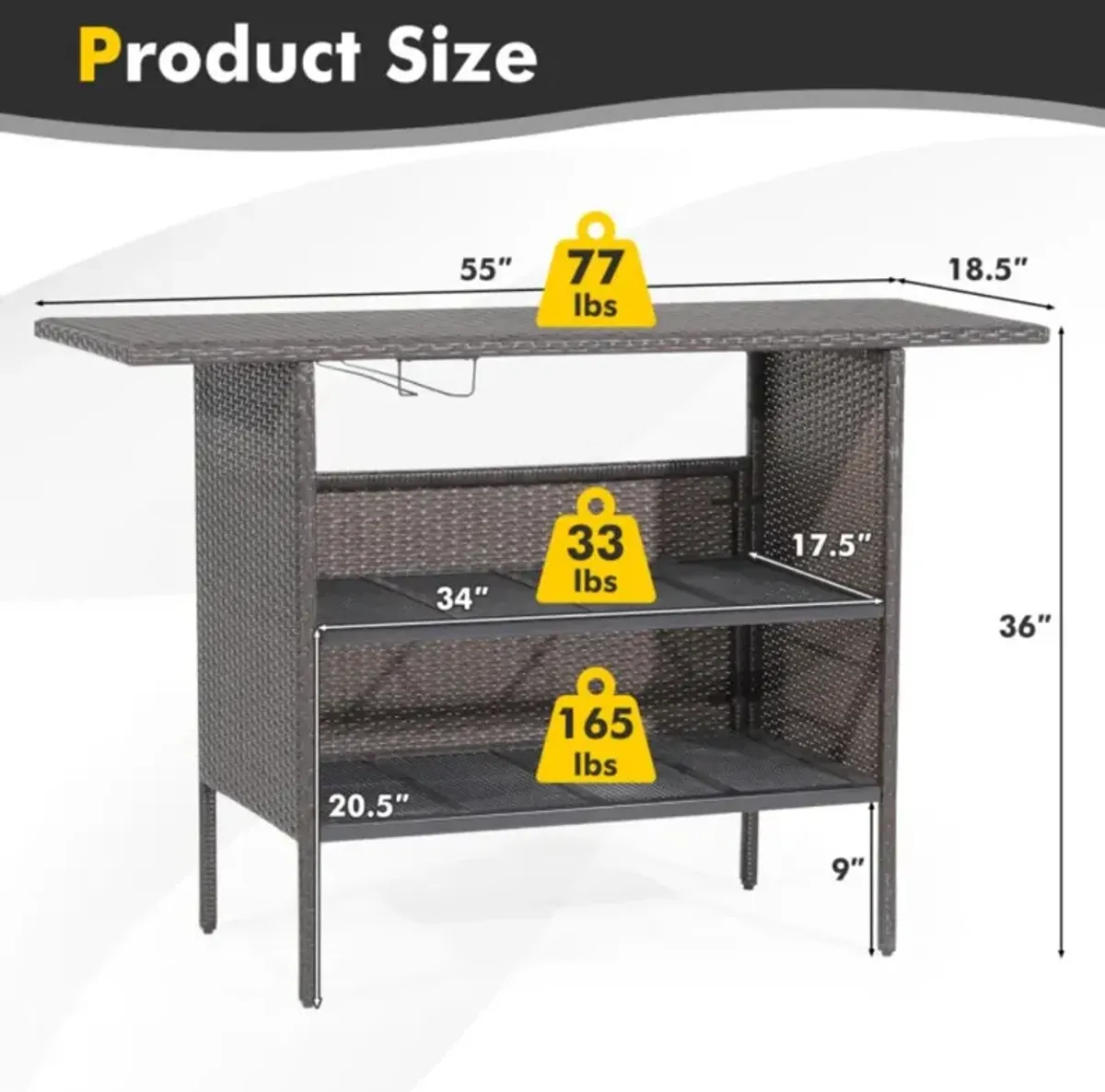 Hivvago Outdoor Wicker Bar Table with 2 Metal Mesh Shelves