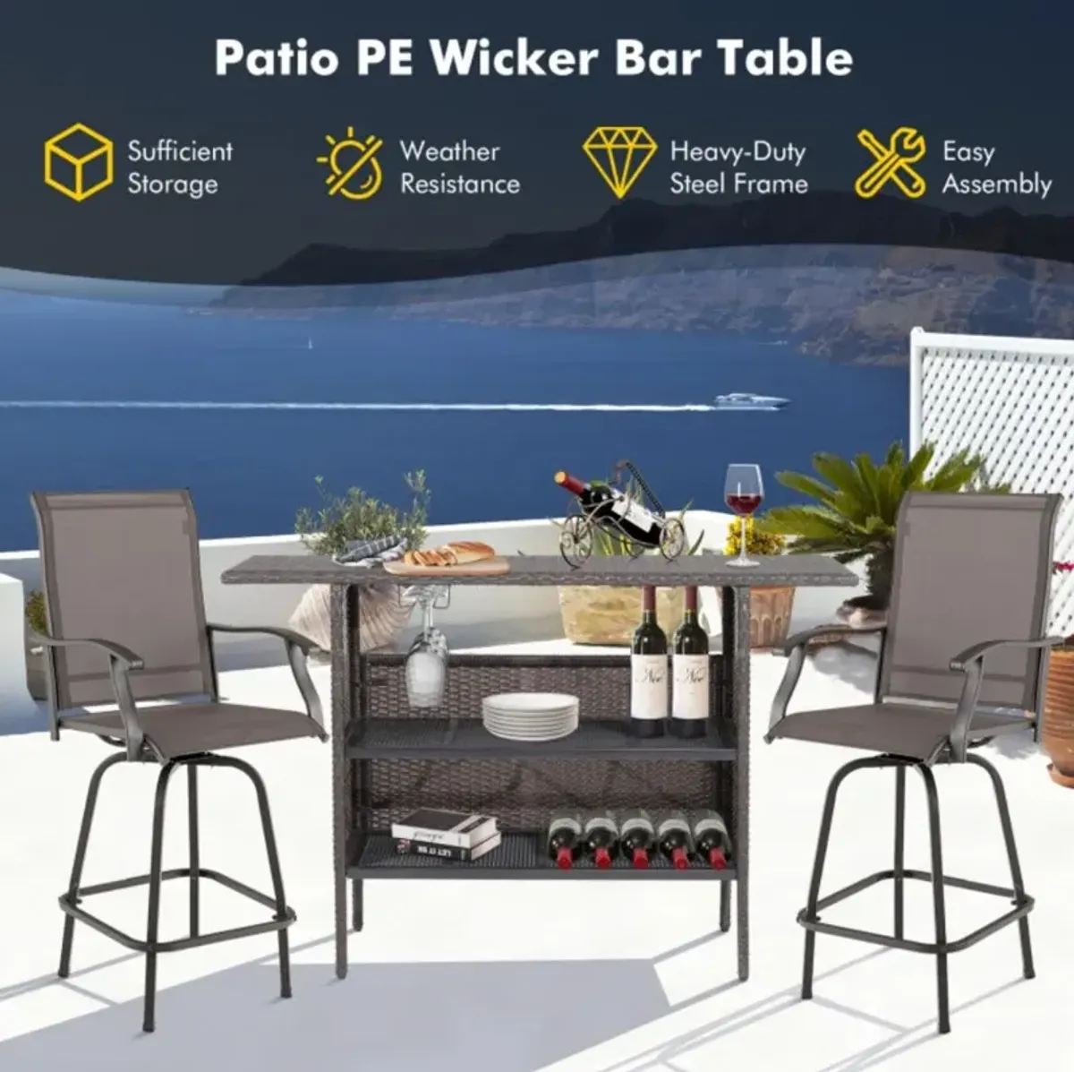 Hivvago Outdoor Wicker Bar Table with 2 Metal Mesh Shelves