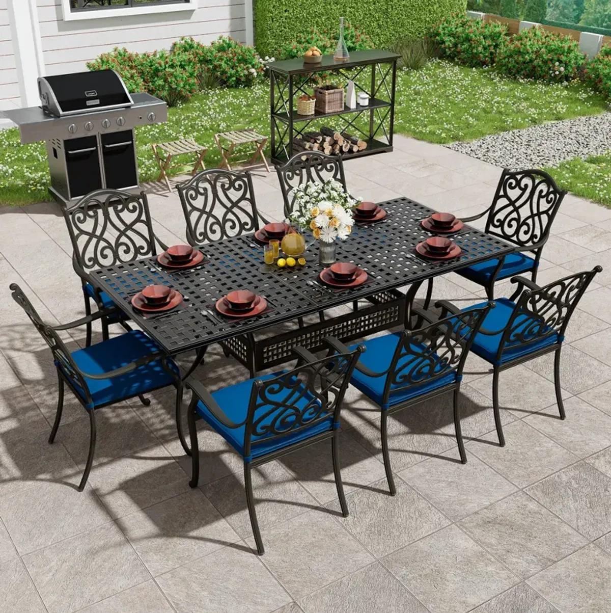 Mondawe 9 Piece Outdoor Dining Set Cast Aluminum with 1 Rectangle Expandable Table 8 Pieces Dining Chairs with Cushion Navy