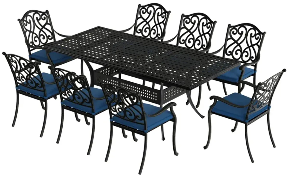 Mondawe 9 Piece Outdoor Dining Set Cast Aluminum with 1 Rectangle Expandable Table 8 Pieces Dining Chairs with Cushion Navy