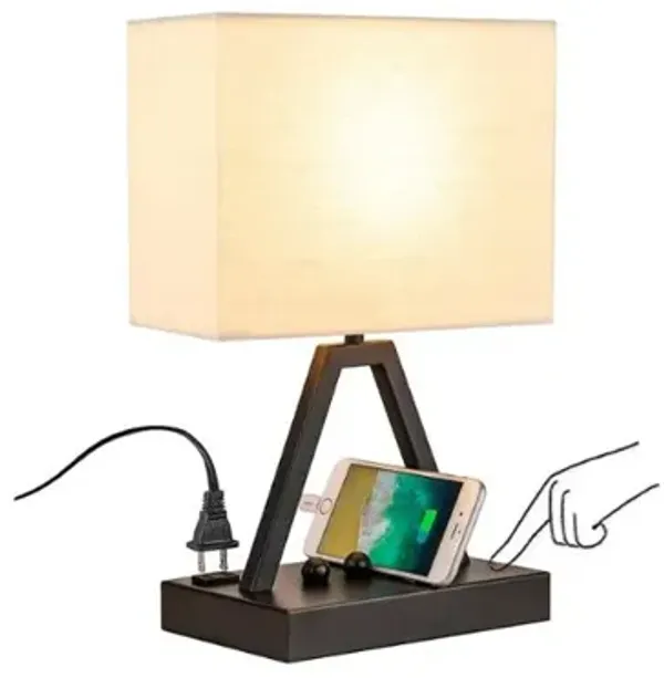Touch Table Lamp – 3-Way Dimmable, USB-C/A & AC Outlet, Phone Stand