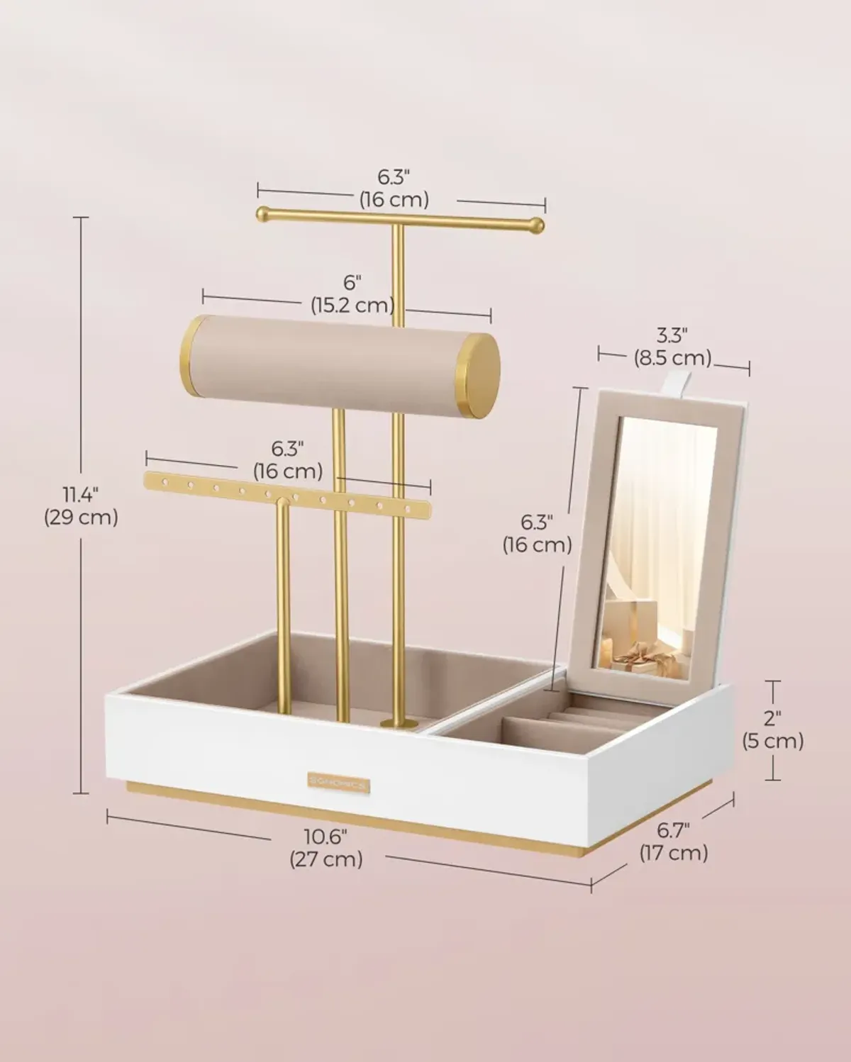 Jewelry Holder with Built-In Mirror for Necklace, Ring, and Earring Organization